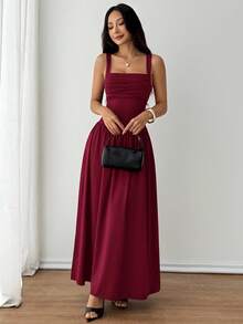 SHEIN PETITE 女款優雅純色咖啡棕方領喇叭裙，春夏夏季洋裝，優雅洋裝，適合嬌小女性 - 酒紅色 - 查看 6