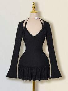 SHEIN ICON 针织提花层叠荷叶边吊带裙和吊带背心套装 - 黑色 - 查看 4