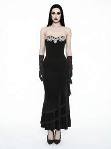 Glisette Vintage Elegant Black Velvet Dress For Women,Goth Autumn Gothic Vampire Corset Bodycon Mermaid Hem Skirt,Flounce Decor Funeral Dining Clothes - Black - View 6