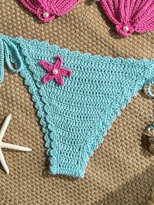 Swim Mod 2pcs/Set Spring/Summer Crochet Starfish & Shell Pattern Design Spaghetti Strap Backless Beach Cover Up Set For Women - Purple - View 4