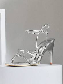 SHUZIA Giày sandal cao gót mũi vuông đính đá lấp lánh, kiểu dáng tối giản, thanh lịch dành cho nữ. - Bạc - Xem 5