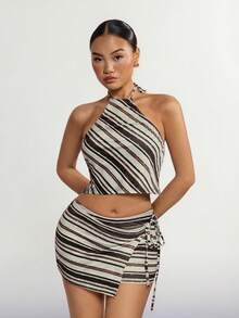 SHEIN ICON Y2K Women's Concert Club Striped Cropped Halter Neck Tank Top And Asymmetric Hem Mini Skirt Sexy 2 Pieces Set - Multicolor - View 3