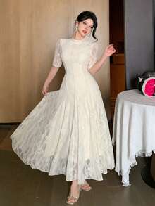 DAZY Women's Elegant Textured Lace Round Neck Long Dress, Suitable For Spring & Summer - Beige - View 8