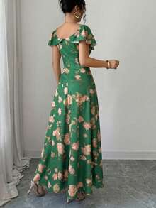 Elenzga Ruffled Waist A-Line Ditsy Floral Elegant French Style Dress - Green - View 2