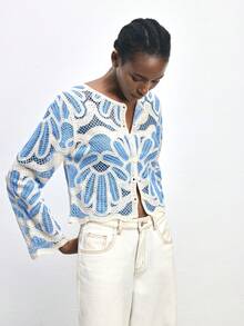 Maija Women's Hollow Out Dual-Tone Single-Breasted Long Sleeve Knitted Cardigan - Multicolor - View 5