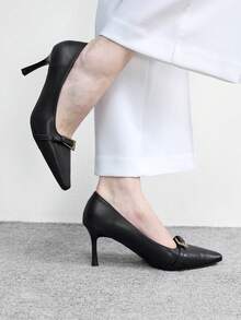 CUCCOO BIZCHIC 女士鞋履 春秋新款 法式小方头细高跟黑色搭扣简约优雅通勤舒适女鞋 - 黑色 - 查看 3