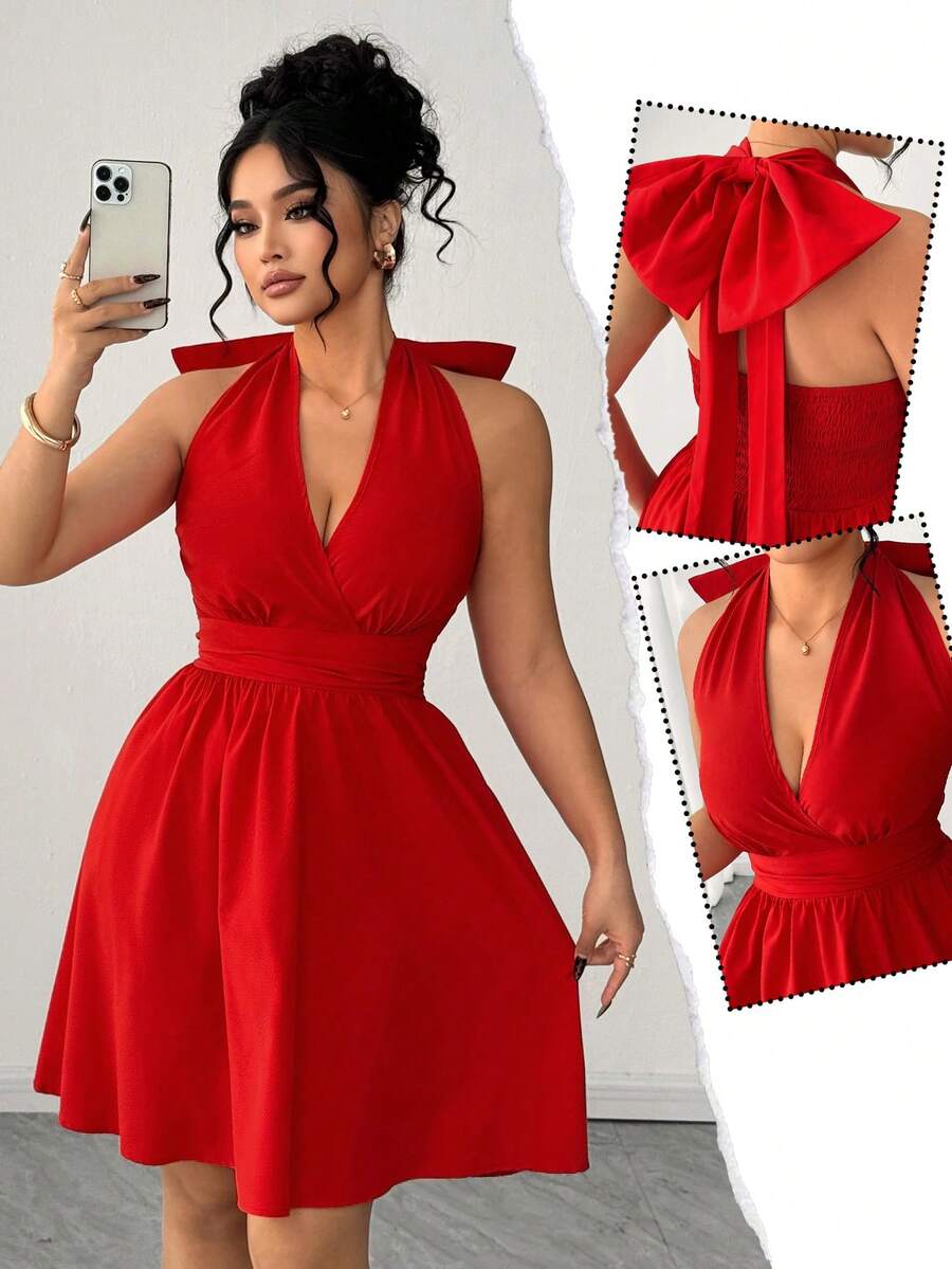 Elenzga Đầm cổ yếm chữ V thanh lịch, lãng mạn kiểu vintage với nơ lớn, thích hợp cho ngày Valentine, giản dị nhưng vẫn thời trang. - Đỏ - Xem 1