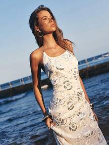 Opulessa Vestido de mujer con tirantes de cuentas de unicolor, adecuado para vacaciones de primavera/verano - Albaricoque - Ver 6
