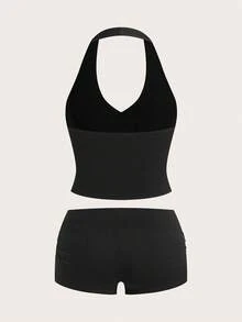SHEIN PETITE Bộ đồ ngủ 2 món dành cho nữ gồm áo hai dây và quần short - màu đen - Xem 5