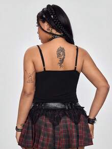 ROMWE Grunge Punk Áo kiểu nữ cỡ lớn gợi cảm phong cách Punk tối màu với đinh tán và các mảng vải ghép lại. - màu đen - Xem 10
