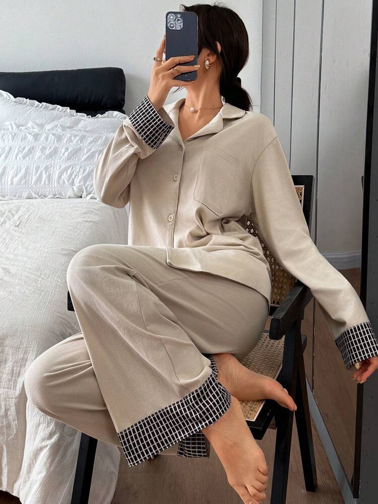 Solid Color Knit Plaid Patchwork Women Pajama Set