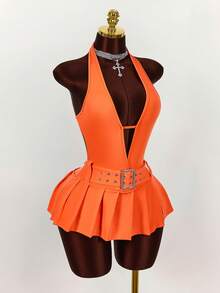 Amplova Deep V-Neck Metal Belt Buckle Decor Slit Pleated Bodycon Dress - Orange - View 8