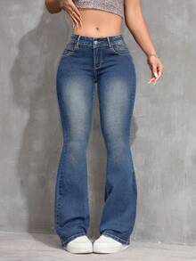 SHEIN ICON 大码女式蓝色牛仔弹力修身复古喇叭裤，牛仔竞技服 - 中等水洗藍 - 查看 6