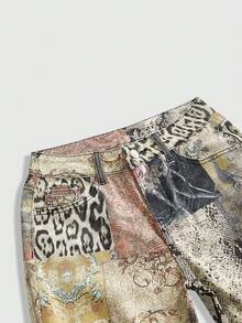 ROMWE Grunge Punk 复古豹纹和花卉印花 Y2K 风格修身牛仔短裤 - 彩色 - 查看 3