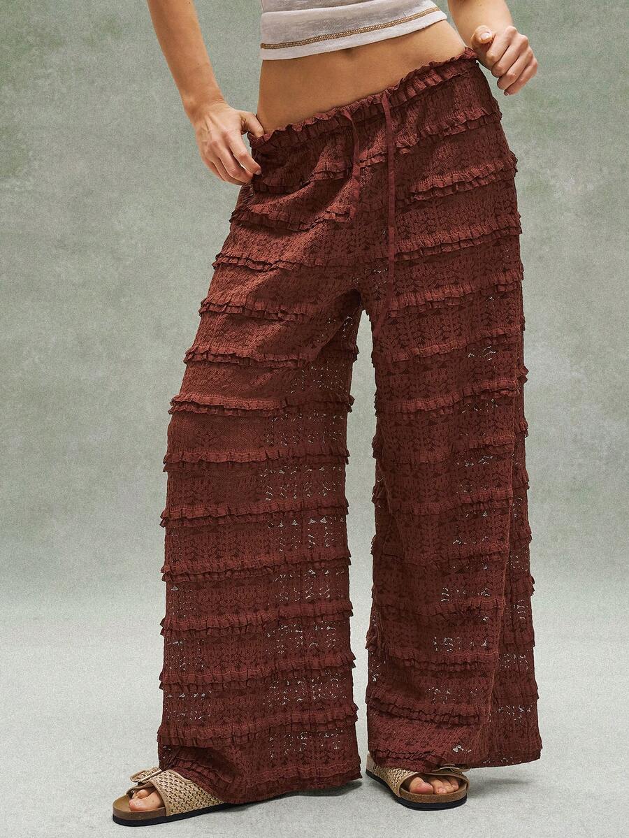 Bohemela Quần dài ống đứng cạp cao bằng ren màu trơn dành cho nữ, kiểu dáng thoải mái cho kỳ nghỉ hè ở bãi biển. - Cà phê nâu - Xem 1