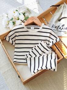 SHEIN Baby Girls' Casual Apricot Striped Jacquard Fabric Round Neck Short Sleeve Top And Striped Pants Set, Suitable For Everyday Wear, Spring/Summer - Apricot - View 1
