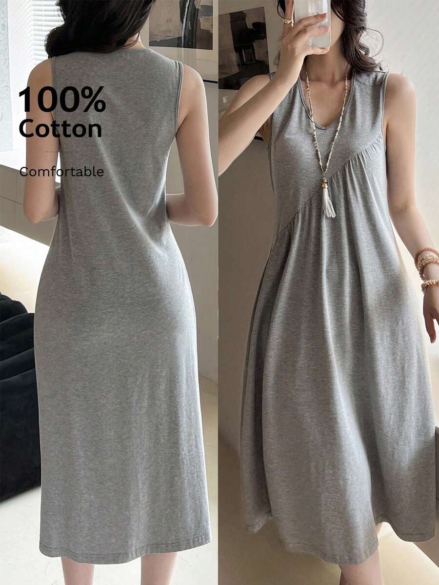 EMERY ROSE 女士夏季休闲纯色无袖连衣裙 - 灰色 - 查看 1