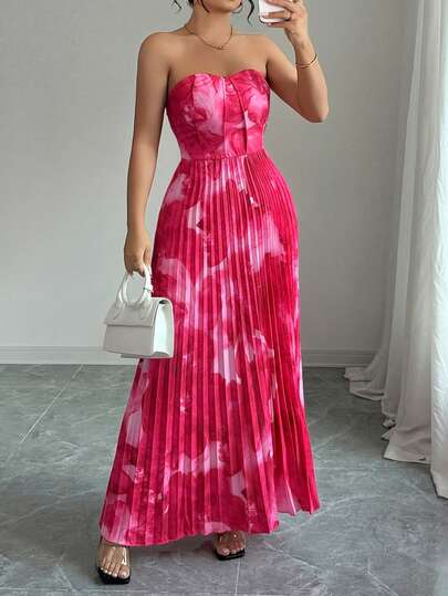 Elenzga 大码女式束腰扎染印花褶裥下摆连衣裙