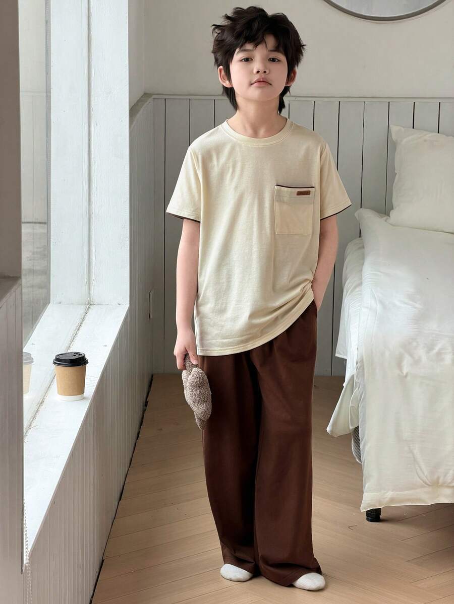 DAZY Bộ áo thun và quần dài thoải mái thường ngày cho bé trai tuổi thiếu niên, thích hợp mặc ở nhà. - Màu be - Xem 1