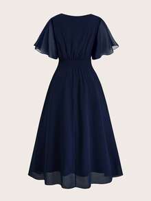 EMERY ROSE Đầm maxi dáng chữ A bất đối xứng tay ngắn, màu trơn, chất liệu chiffon, cổ bèo nhún, eo xếp ly, đính ngọc trai ánh kim, dành cho nữ cỡ lớn, thanh lịch, thích hợp cho kỳ nghỉ, tiệc tùng, hẹn hò. - Màu xanh hải quân - Xem 2