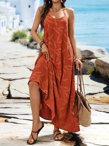 Swim Vcay Women's V-Neck Sleeveless Spaghetti Strap Backless Beaded Strap Solid Color Textured Cutout Maxi Beach Cover Up Dress For Summer - Brown - View 4