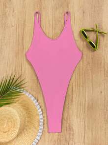 Swim SXY 女士性感露背连体泳衣，纯色沙滩度假风 - 粉色 - 查看 4