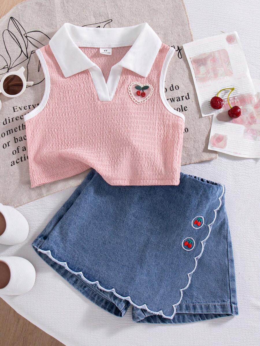 Genkimix Kids Bộ 2 món cho bé gái mùa hè, màu mơ, chất liệu vải dệt họa tiết, cổ áo kiểu chắp vá hình trái tim và chân váy denim có bèo nhún, thêu hình quả anh đào, kiểu dáng vintage dễ thương. - Hồng - Xem 1