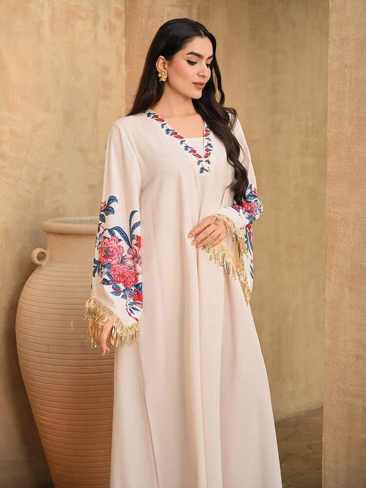 Women's Elegant V-Neck Floral Print Tassel Dress, Spring/Summer,Wedding Guest Dress Women Sundress