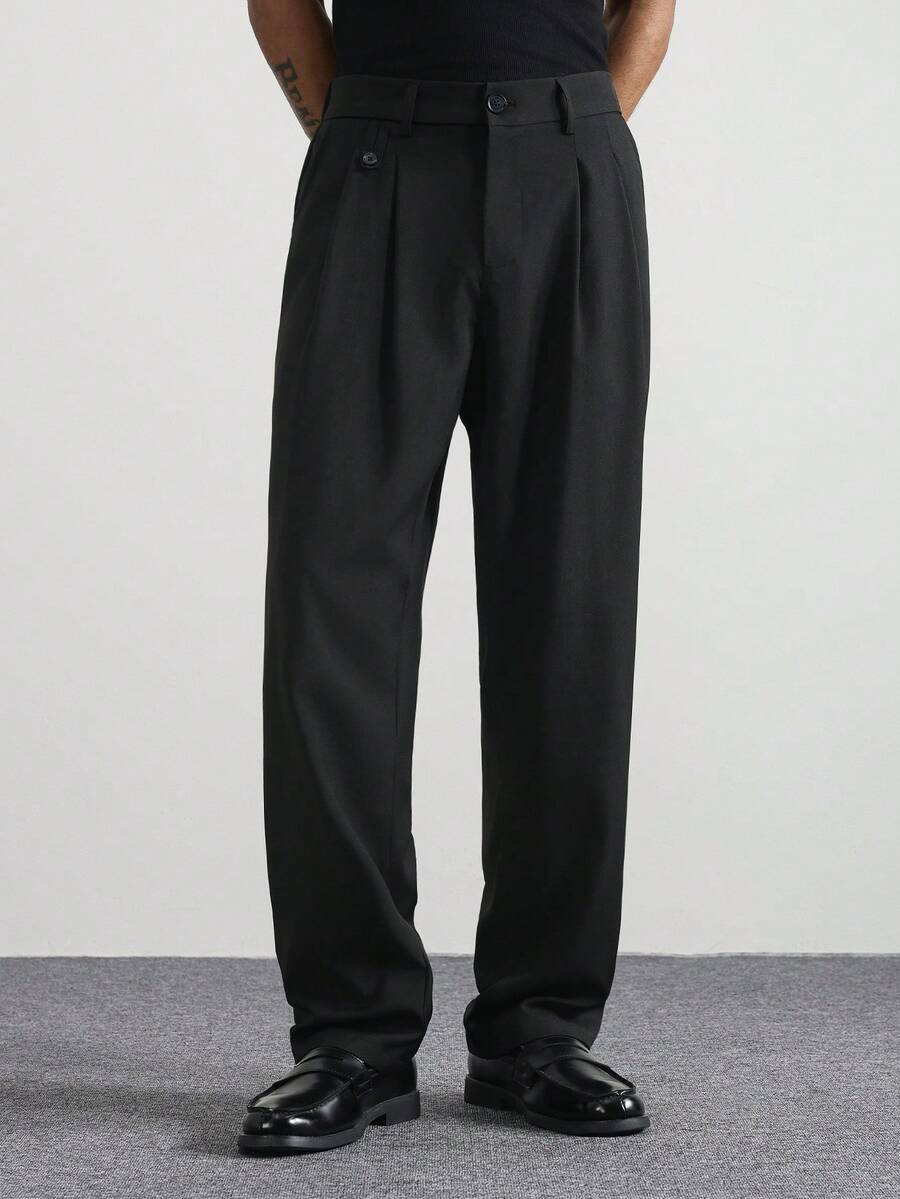 TOKVUE Plus Size Men's Casual Everyday Workwear Pleated Slant Pocket Solid Color Suit Pants - Black - View 1