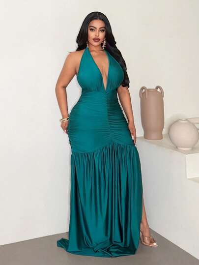 Maweii Plus Size Cold-Shoulder Deep V-Neck Bow Sexy Dress