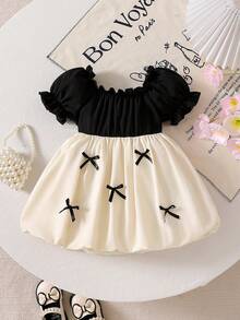 Summer Dress For Baby Girls, Casual Elegant Fashion Petal Sleeve Square Collar Waist Dress With Bow Decor, Lantern Skirt, Suitable For Holidays, Parties, Vacations And More, Summer - Multicolor - View 4
