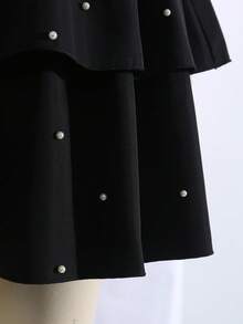 SHEIN Girls' Fashionable 2 Pieces Set: Apricot Knit Sleeveless Top With 3D Ruffle Trim And Contrast Drawstring, Paired With Black Layered Beaded Hem Skirt, Suitable For Daily Wear And Various Occasions - Apricot - View 5