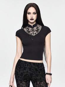 ROMWE Dark Academia Gothic Embroidered Scorpion Women T-Shirt - Black - View 10