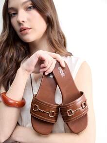 CUCCOO BIZCHIC Women's  Black/Brown Gold Buckle Slide Sandals Contrast Stitching Flat Slippers Casual Summer Daily Shoes - Brown - View 5