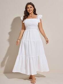 Comfylo Plus Size Summer Vacation Solid Color Textured Ruffle Hem Dress - White - View 4