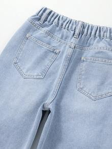 少女休闲百搭直筒牛仔裤，带口袋、纽扣和做旧设计 - 淺色水洗藍 - 查看 8