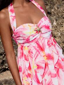 Nevyona Elegant White And Pink Floral Print Sleeveless Slim Dress,Ruffle Trim Star Decor Boho Summer Vacation Holiday Party Cocktail Sundress - Multicolor - View 2