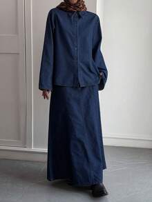 DAZY Conjunto de blusa casual con cuello y falda de mezclilla para mujer - Azul lavado oscuro - Ver 3