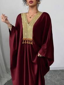 Elenzga Đầm vải lanh dáng rộng kiểu Trung Đông với cổ áo vàng. - Màu Đỏ Sâu - Xem 5