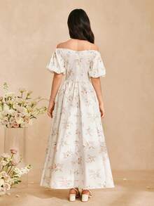 少女优雅印花露肩夏季派对连衣裙 - 白色 - 查看 2
