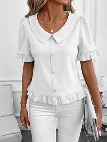 SHEIN Clasi Áo nữ tay ngắn, màu trơn, cài cúc phía trước, kiểu dáng thường ngày, thích hợp mặc đi chơi, trang phục mùa hè cho nữ. - trắng - Xem 5