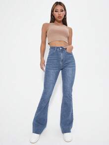 Rivivi Washed Denim Blue High Waist Flare Leg Jeans - Blue - View 6