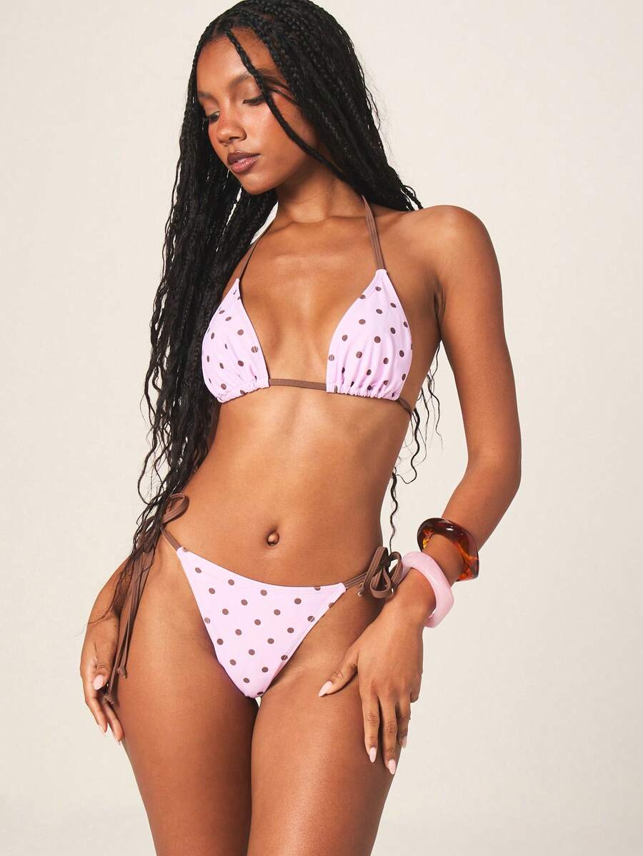 MISSGUIDED 波点比基尼泳裤，侧边系带设计，高腰三角剪裁，夏季沙滩泳装，复古风情，性感遮盖 - 彩色 - 查看 1