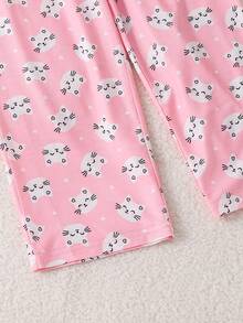 SHEIN 女童猫咪印花圆领短袖上衣和裤子休闲家居服睡衣套装 - 彩色 - 查看 6