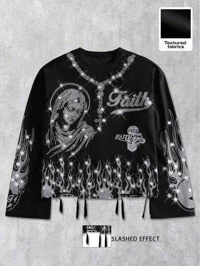 Manfinity EMRG 男士宽松街头风短款长袖圆领T恤，哥特风，印花T恤，街头服饰，颓废摇滚闪亮火焰印花，休闲日常穿着，街头风，音乐节，聚会，时尚穿搭，节日/男友礼物 XS 印花长袖T恤 男士哥特风衬衫 男士印花长袖T恤