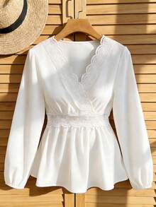 Nubod 大码优雅纯色蕾丝拼接衬衫，A字下摆外出上衣，商务休闲波西米亚风 - 白色 - 查看 1