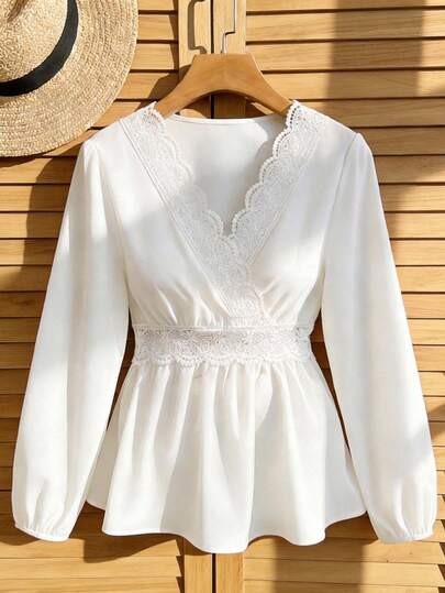 Nubod Plus Size Elegant Solid Color Lace Patchwork Shirt, A-Line Hem Going Out Tops, Business Casual Boho Style