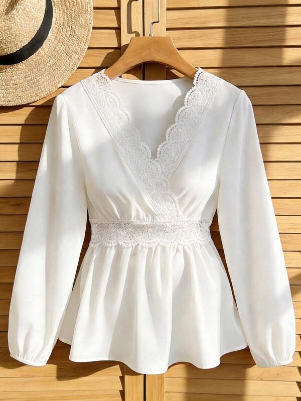 Nubod Plus Size Elegant Solid Color Lace Patchwork Shirt, A-Line Hem Going Out Tops, Business Casual Boho Style