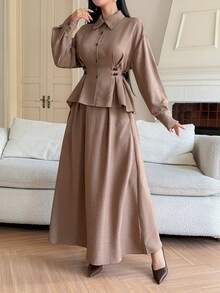 DAZY 两件套女士休闲宽松翻领衬衫和中长裙套装 - 棕色 - 查看 3