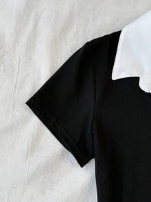 Teen Girls Black & White Polo Collar Short Sleeve Casual T-Shirt - Black and White - View 6